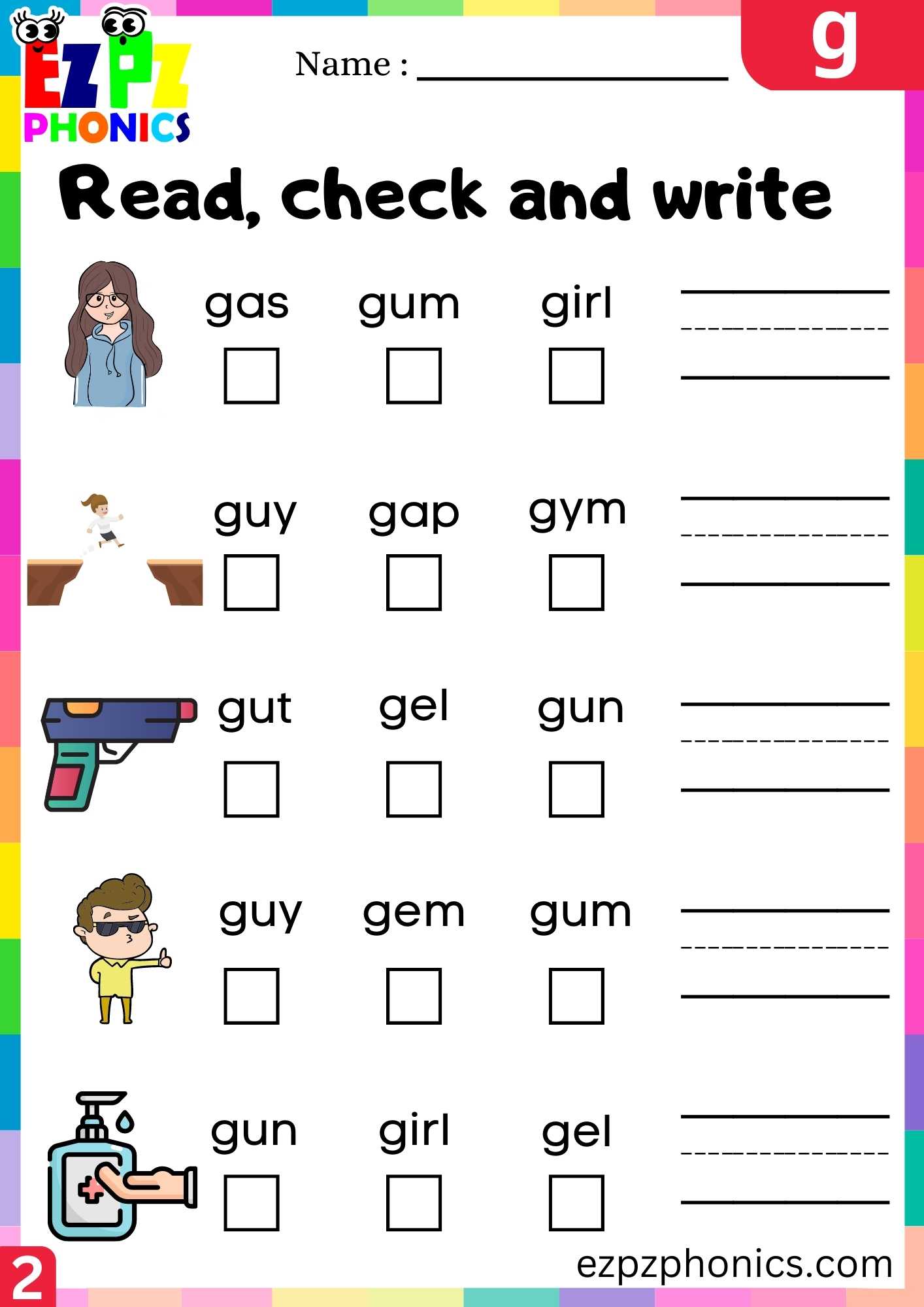 Group2 Letter G Read, Check And Write Beginning Sounds Worksheet